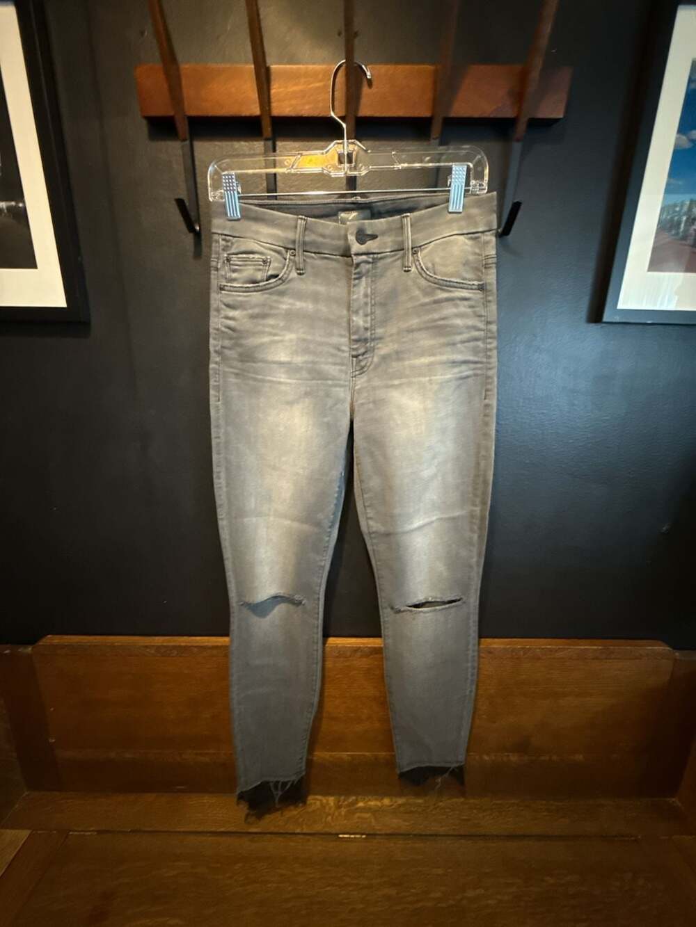 MOTHER Skinny Jeans Gray Distressed Lace Hem